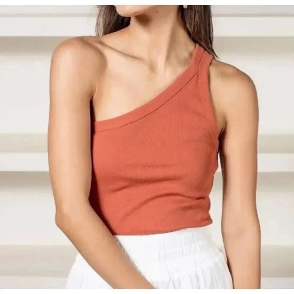 Sanctuary One Shoulder Cami Tank Sleeveless Top Large Orange Ribbed Organic NWT - Picture 2 of 7